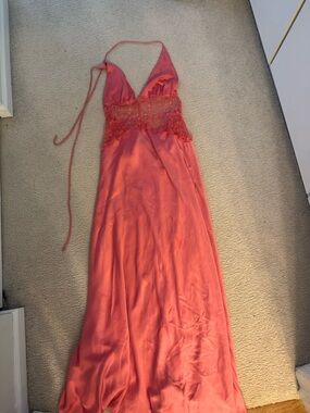 Meshki Coral Halter Lace-Trim Slip Dress